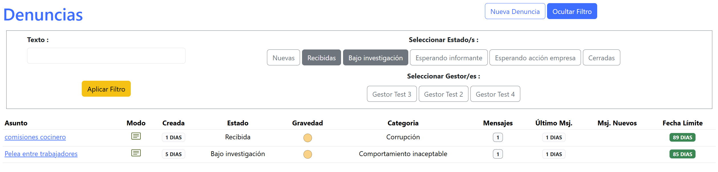 Llista de denúncies - filtre aplicat
