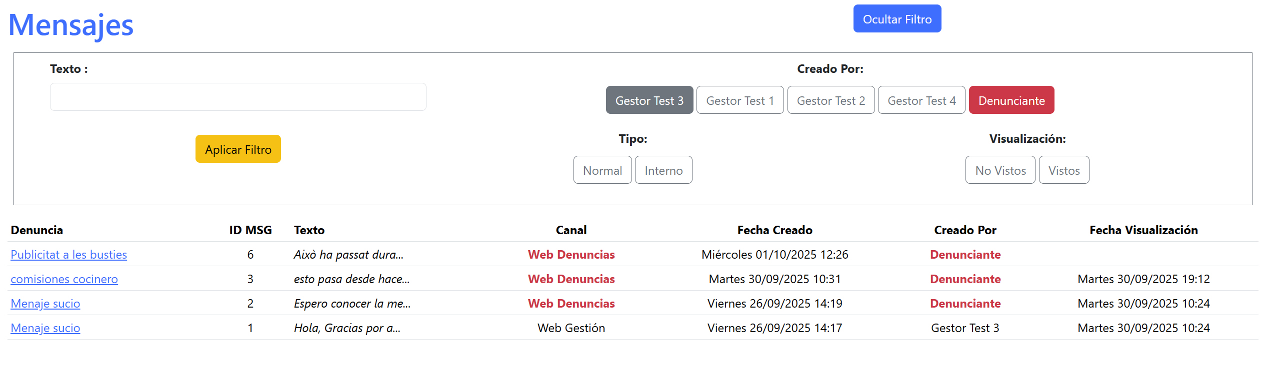 Llista de missatges - filtre aplicat